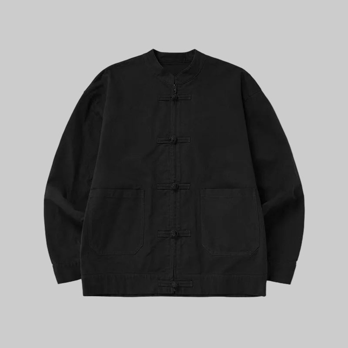 Obsidian black twill utility zip jacket with stand collar and four-button placket