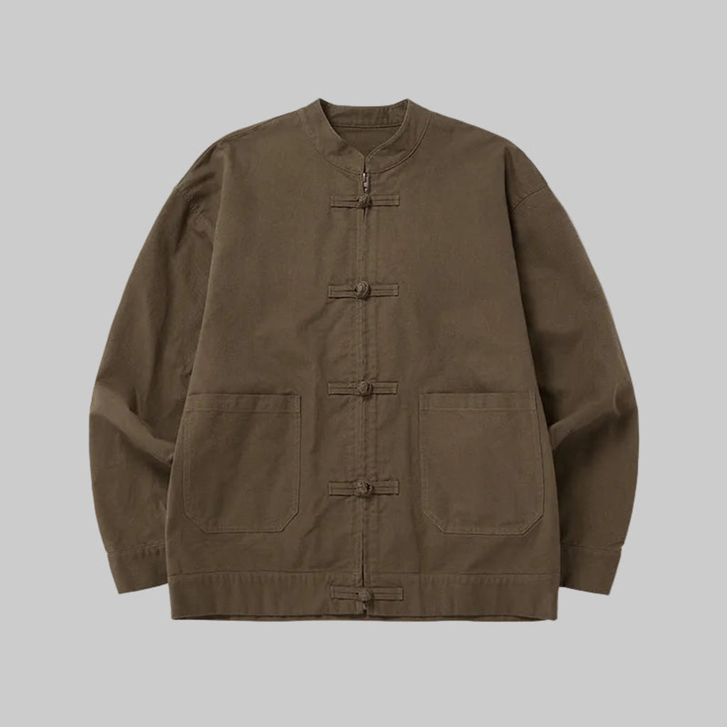 Olive twill utility zip jacket with stand collar and four-button placket