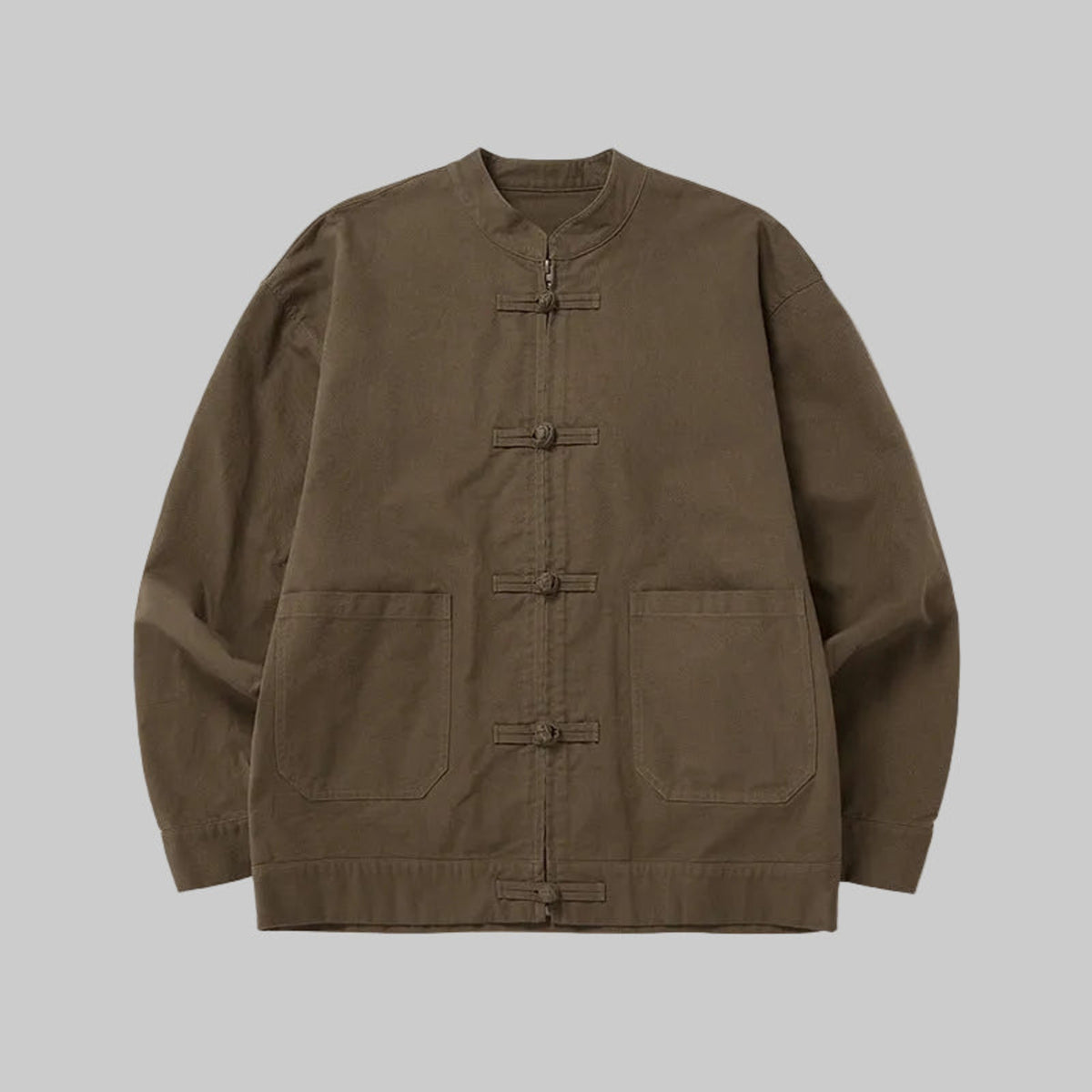 Olive twill utility zip jacket with stand collar and four-button placket