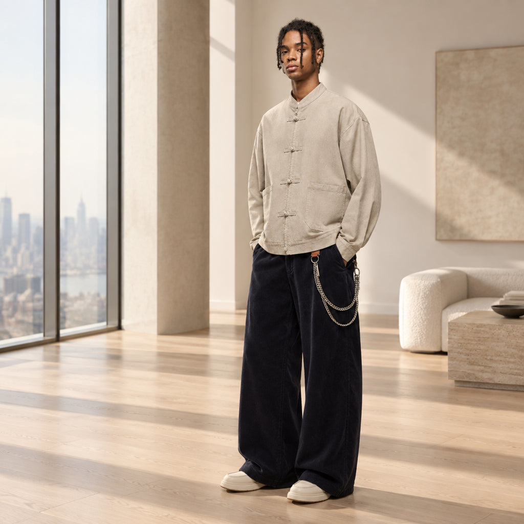 Light twill utility zip jacket with stand collar and four-button placket