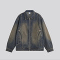 Indigo vintage denim jacket with button collar, front zipper, and chest pockets