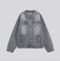 Light-wash denim jacket with button front, point collar, and two chest pockets