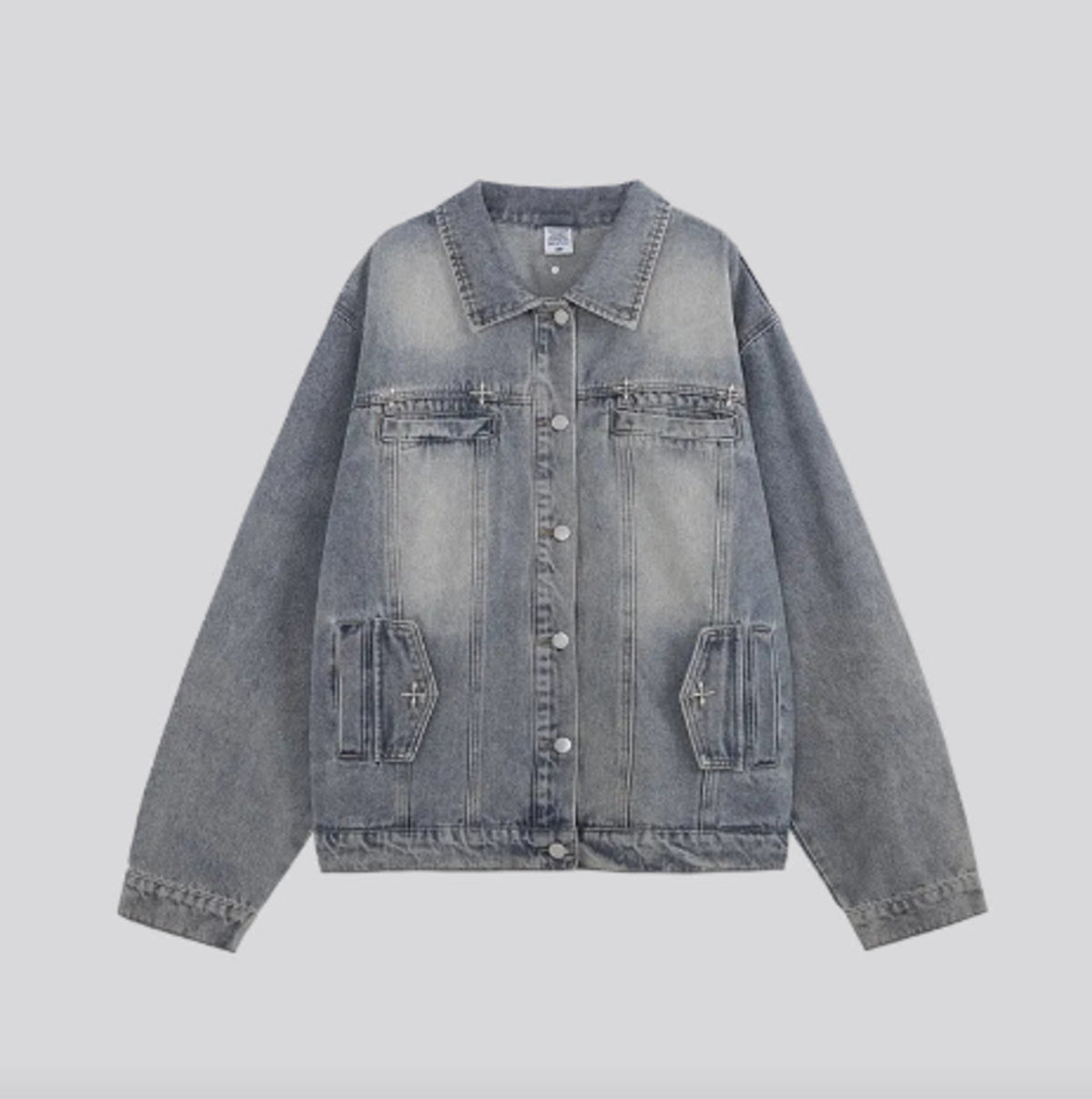 Light-wash denim jacket with button front, point collar, and two chest pockets