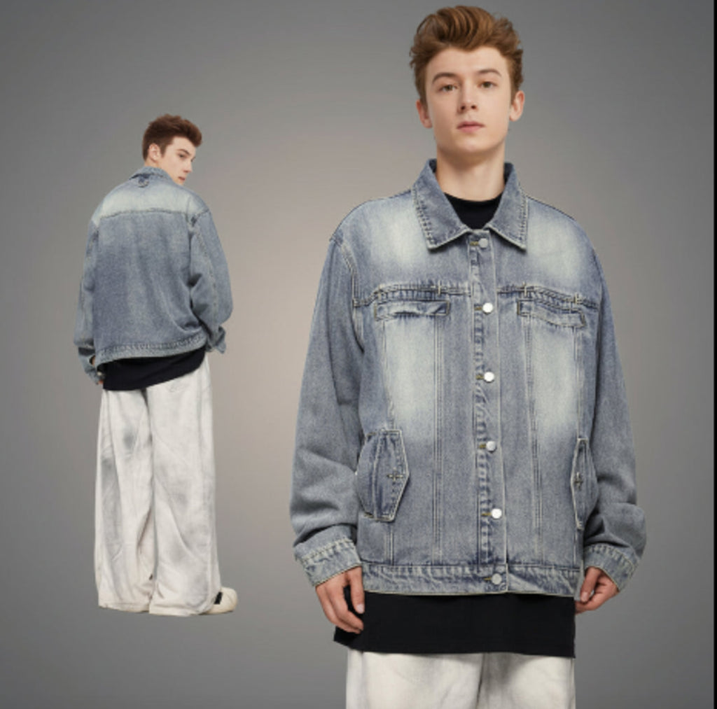 Light-wash denim jacket with flap chest pockets, button front, and long sleeves