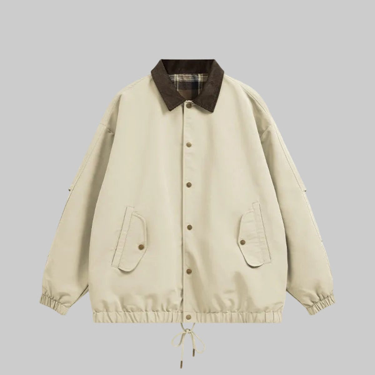 Light utility jacket with plaid collar, button front, chest pockets, drawstring hem