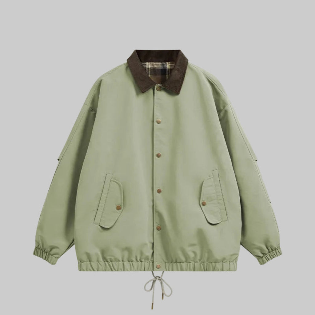 Sage utility jacket with plaid collar, button front, chest pockets, drawstring hem