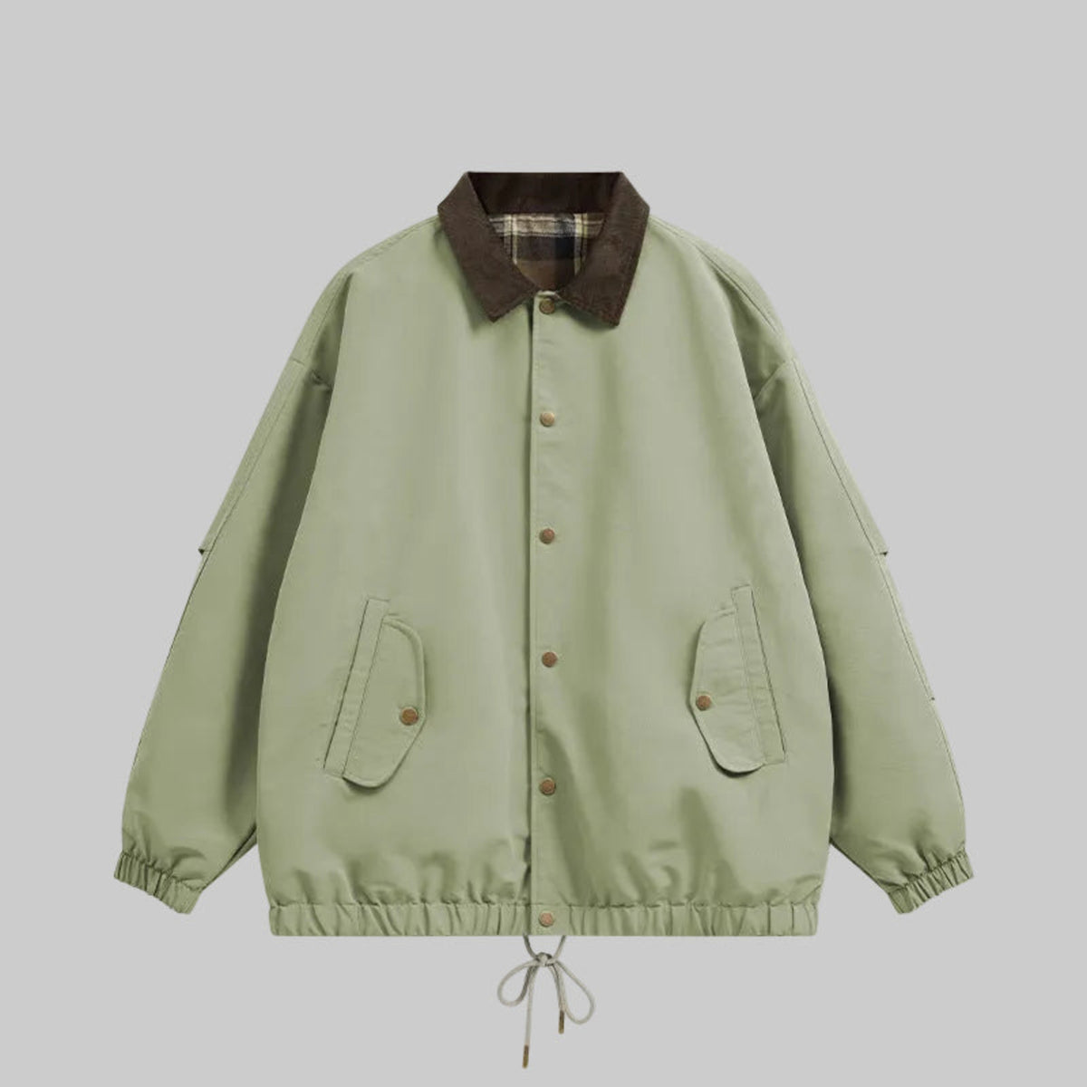 Sage utility jacket with plaid collar, button front, chest pockets, drawstring hem