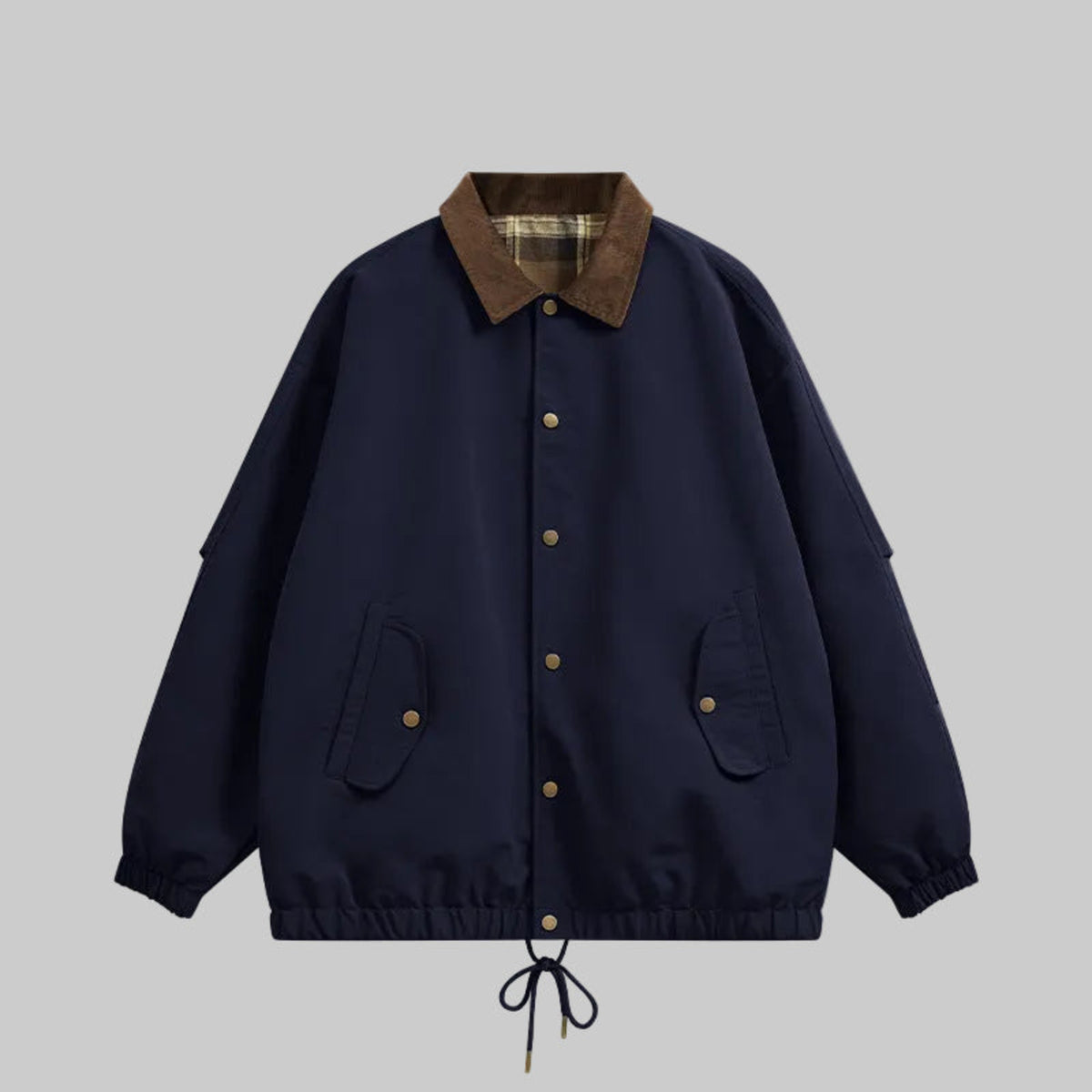 Navy utility jacket with plaid collar, button front, chest pockets, drawstring hem