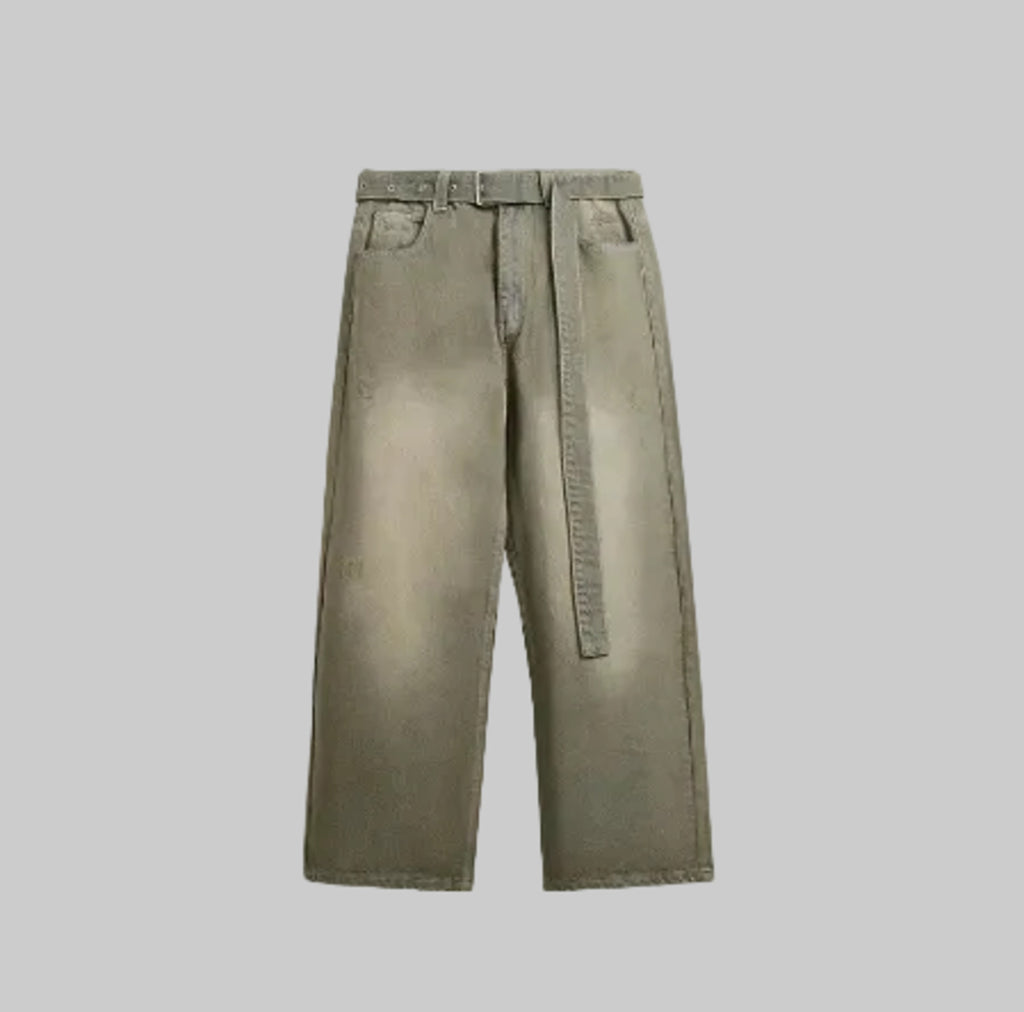 Washed ochre vintage wash jeans with wide leg and button waist