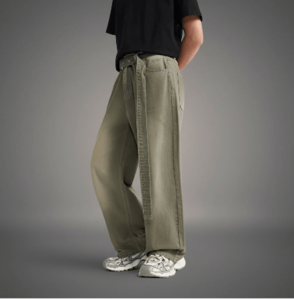 Washed ochre denim jeans with long tie sash and relaxed straight fit