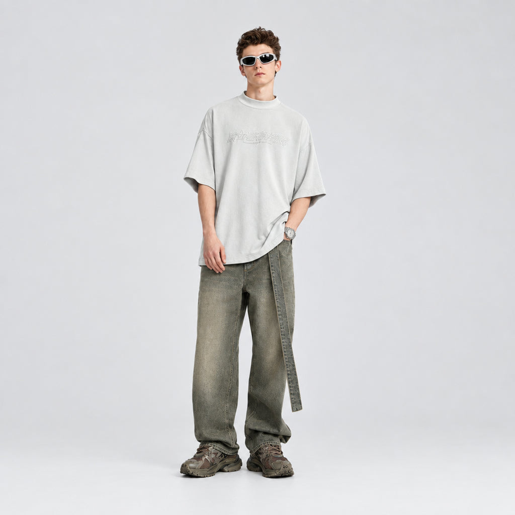 Washed ochre wide-leg jeans with belt loops and hanging waist tie