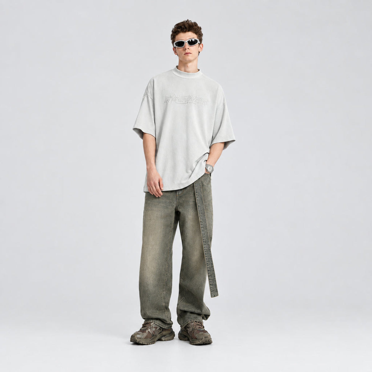 Washed ochre wide-leg jeans with belt loops and hanging waist tie