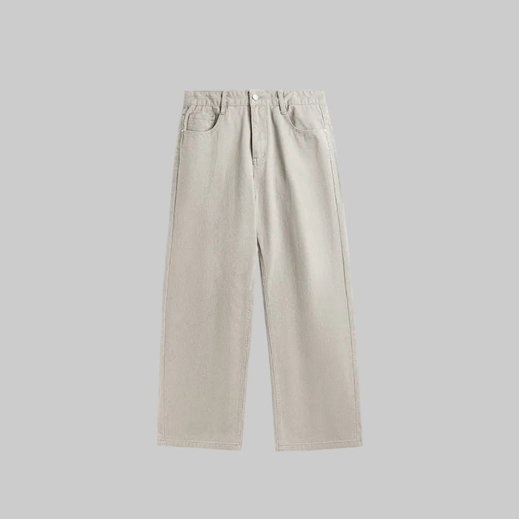 Wide-leg vintage jeans in pale ash, button fly, high-rise elastic waistband, wide relaxed legs