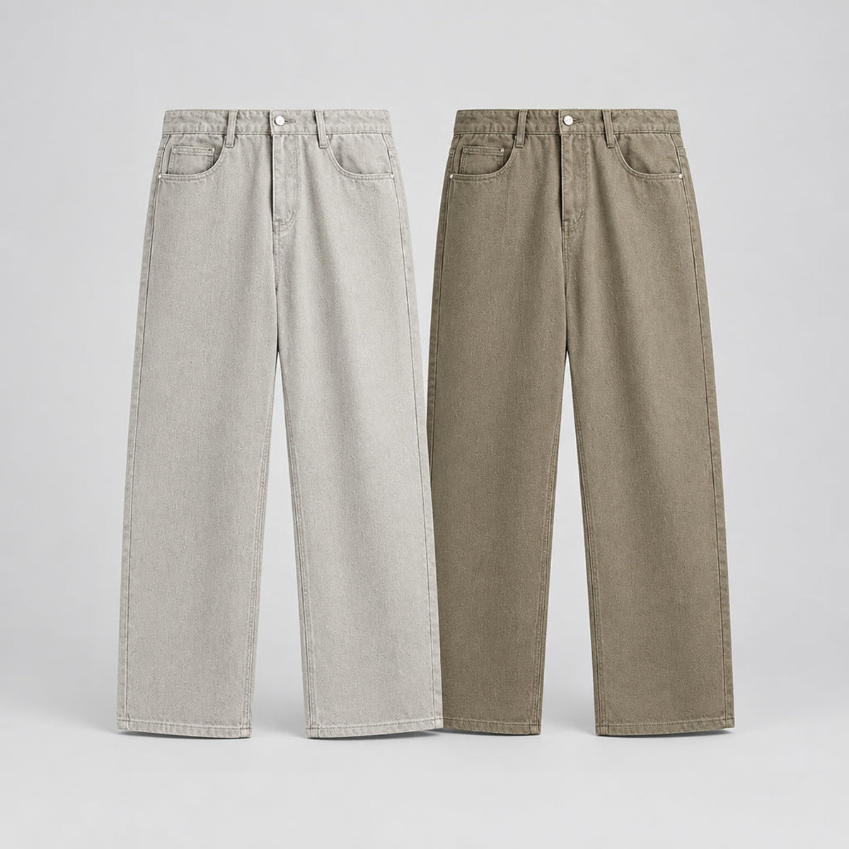 Wide-leg vintage jeans in pale ash and sand, button fly, high-rise elastic waistband, front pockets