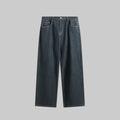Washed straight-leg dark denim jeans with front pockets and stitched back yoke