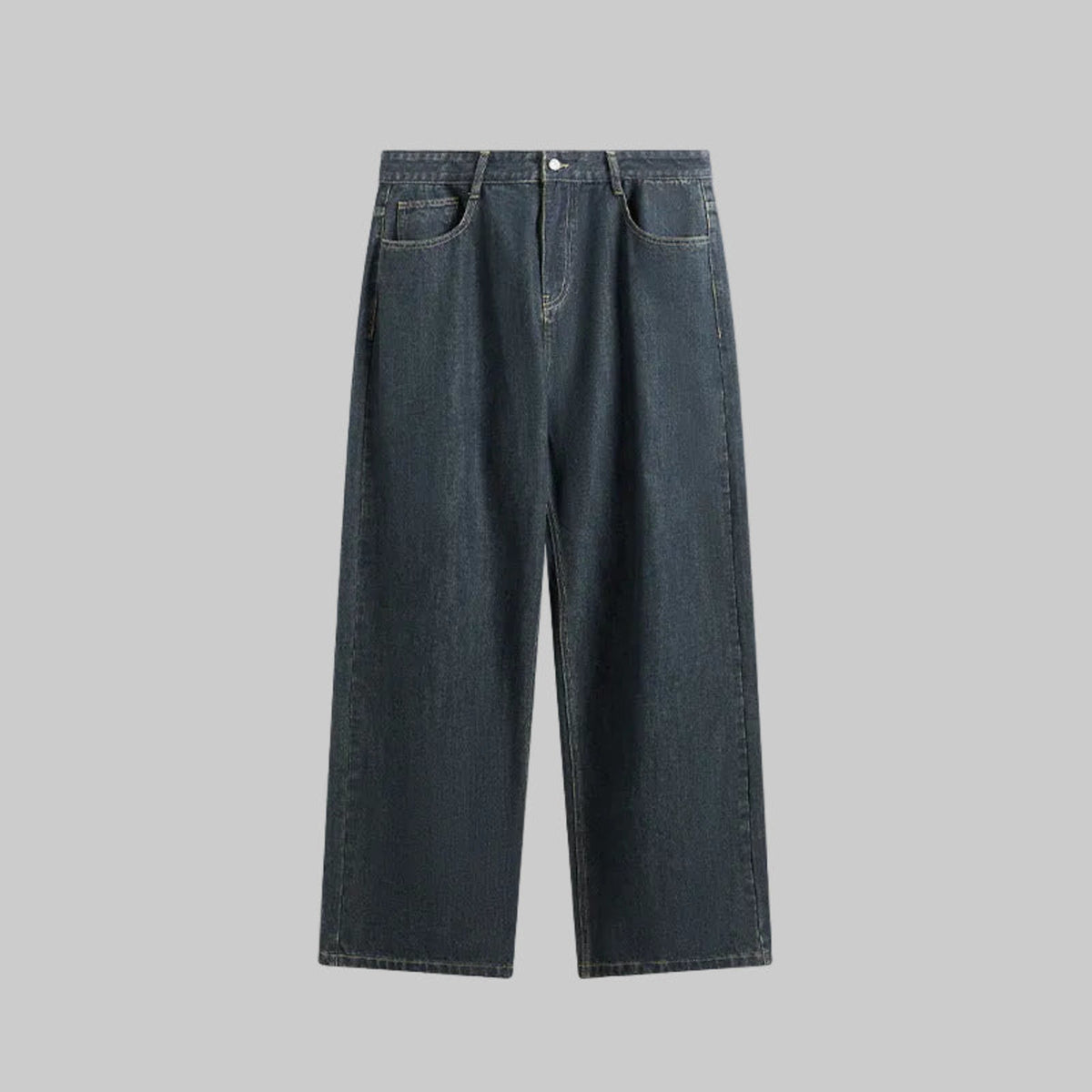 Washed straight-leg dark denim jeans with front pockets and stitched back yoke