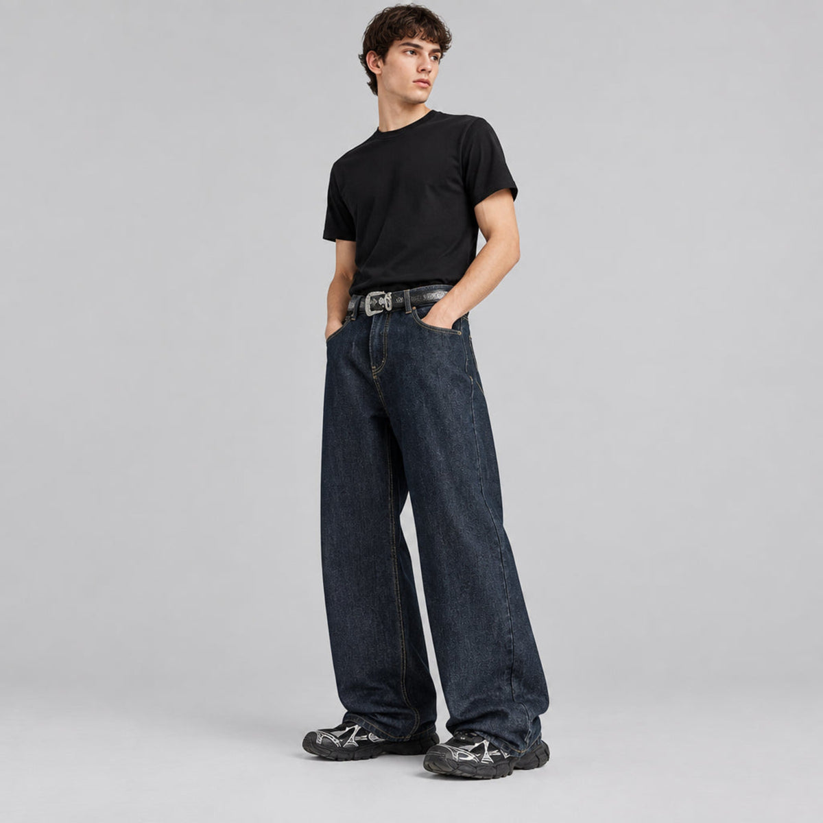 Washed straight-leg denim jeans with belt loops, front slash pockets, dark wash
