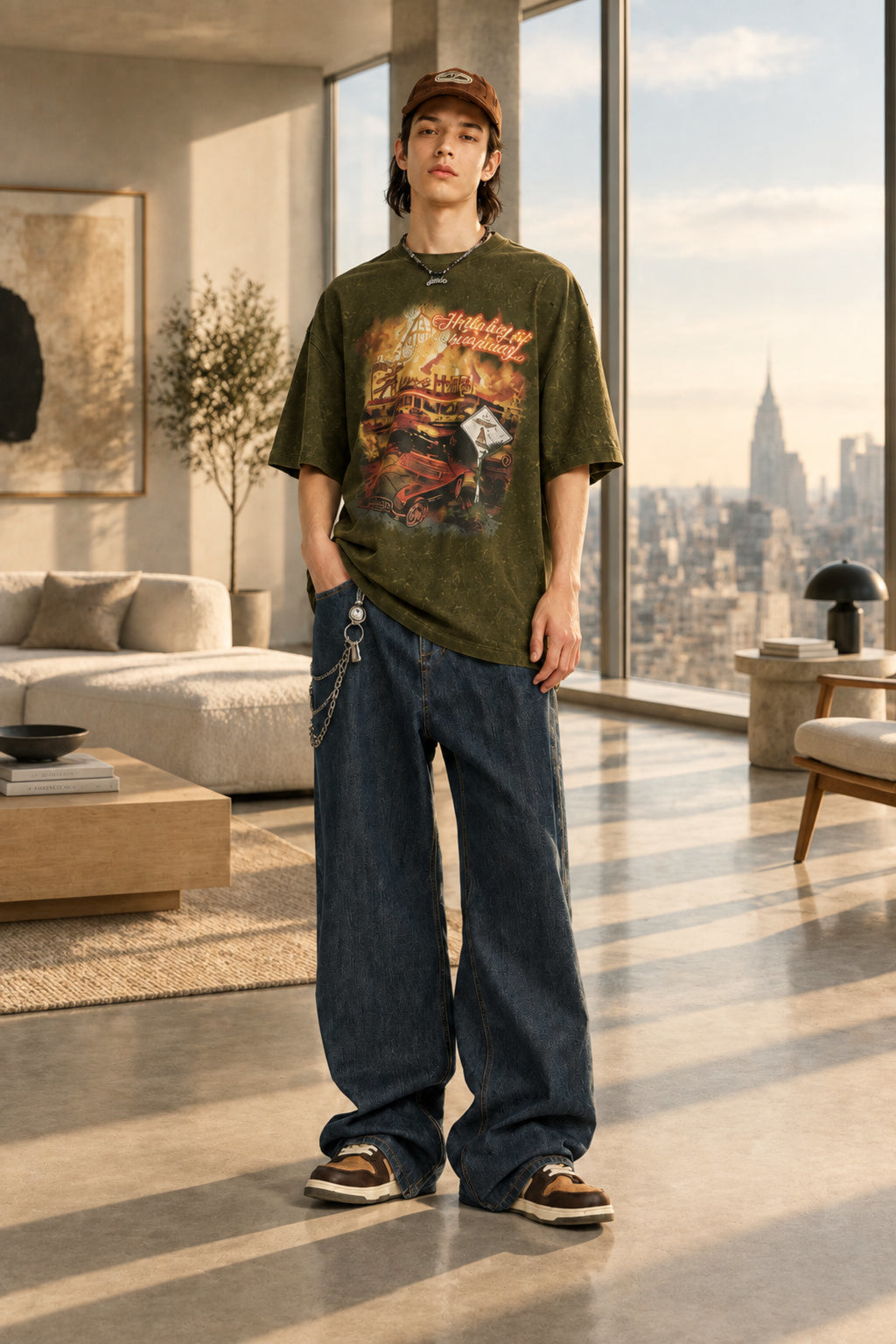 Washed straight-leg denim jeans with relaxed fit, deep pockets and visible belt loops