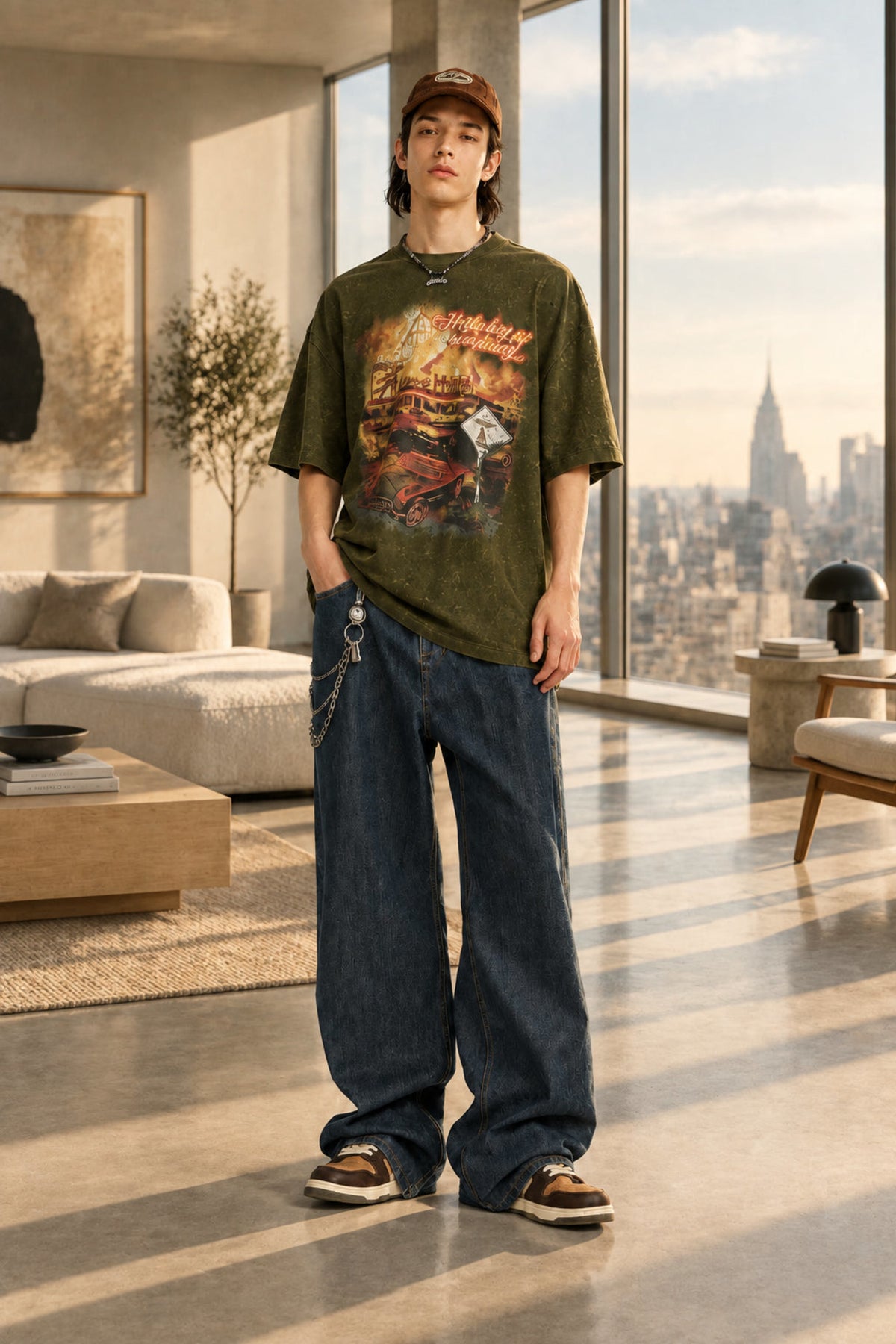 Washed straight-leg denim jeans with relaxed fit, deep pockets and visible belt loops