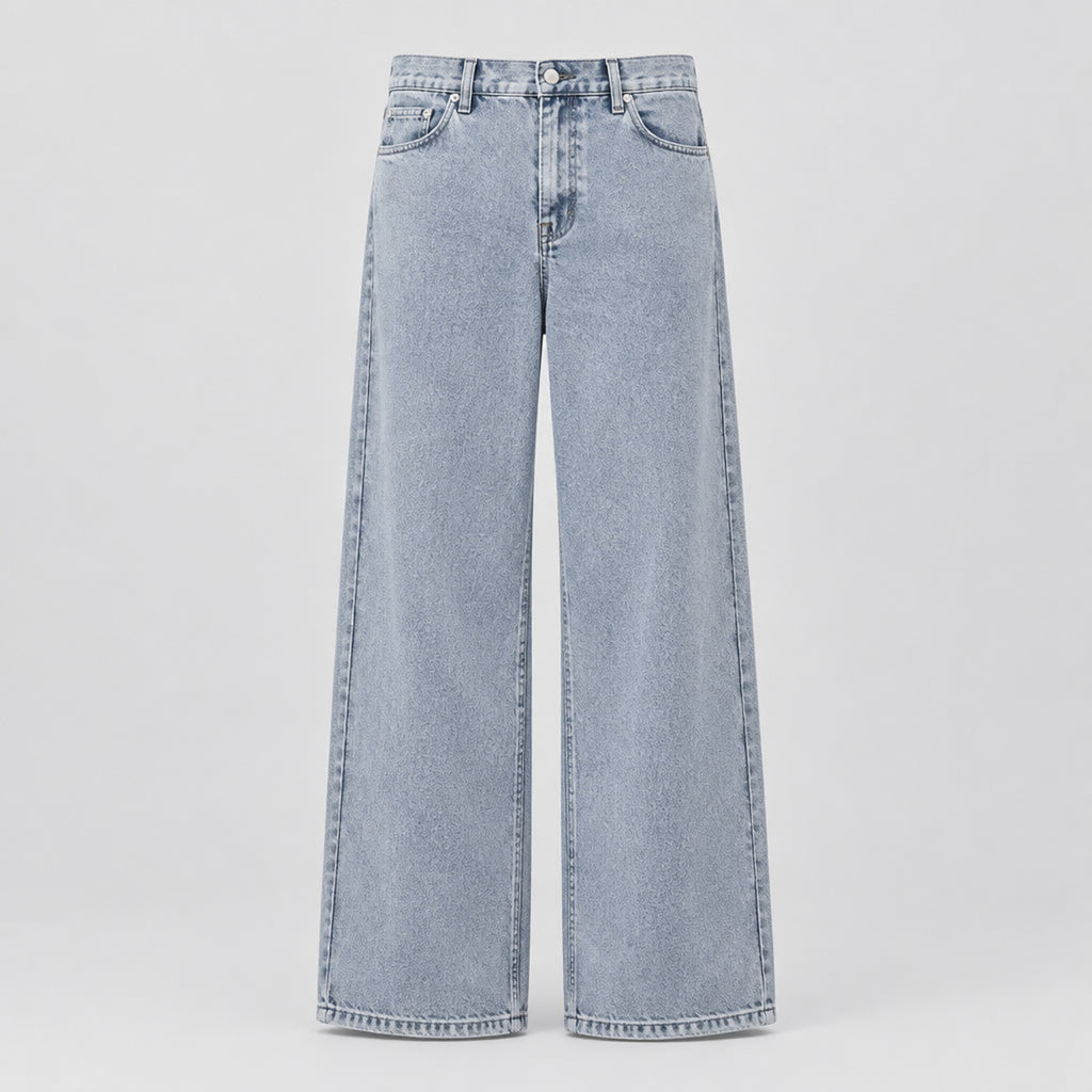 Wide-leg washed indigo denim trousers with button fly and wide straight legs