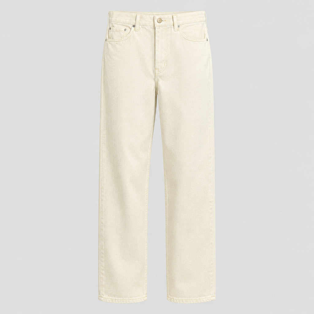 Wide-leg ecru denim trousers with button closure and relaxed straight fit